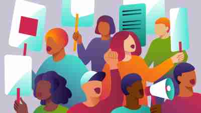 Illustration of a diverse group of people protesting with signs and megaphones. End the ADHD medication shortage. Advocacy.